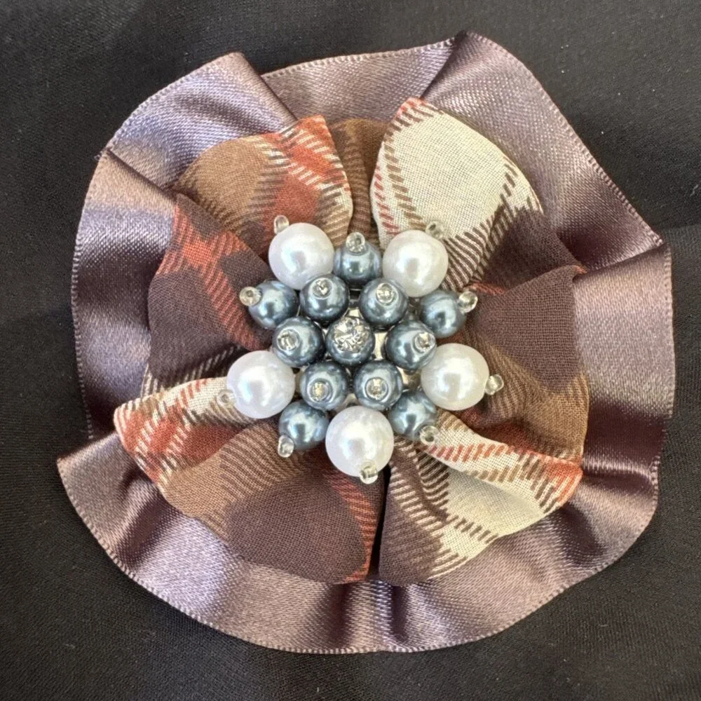 Cara Brown Cream Plaid Pearl Beaded Floral Hat Brooch/Hair Pin Steampunk NEW